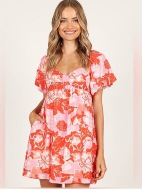 Petal and Pup Maggie Print Puff Sleeve Mini Dress Red Pink Floral Size Large